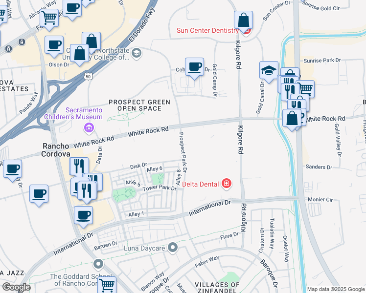 map of restaurants, bars, coffee shops, grocery stores, and more near Prospect Park Drive in Rancho Cordova