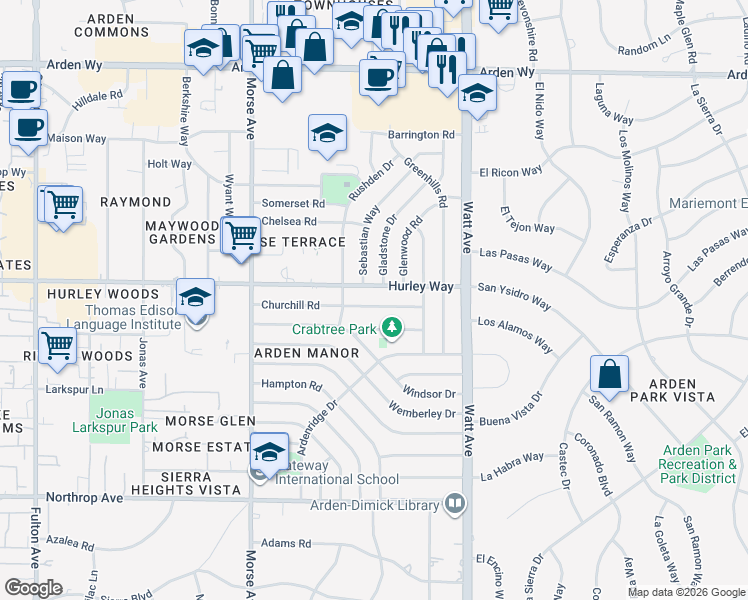 map of restaurants, bars, coffee shops, grocery stores, and more near 3244 Churchill Road in Sacramento