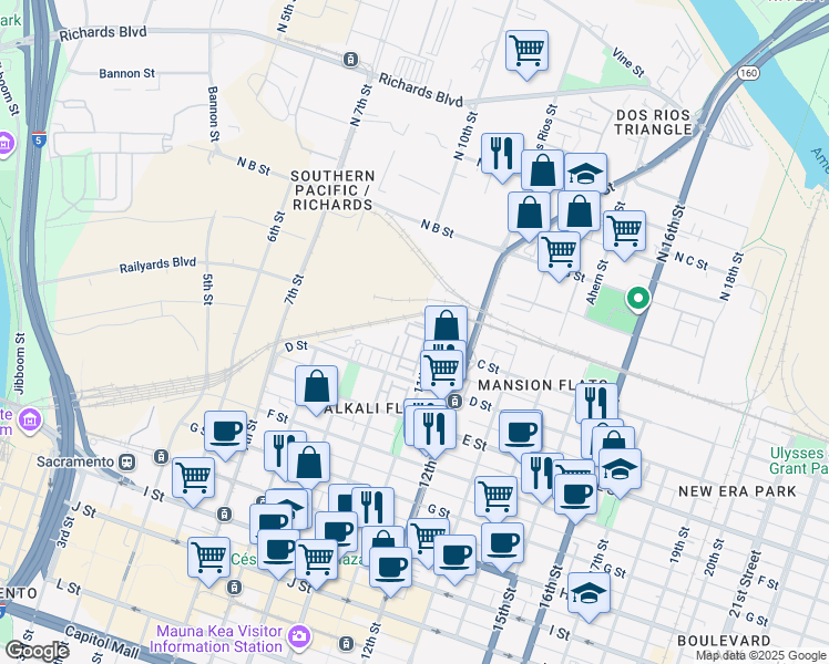 map of restaurants, bars, coffee shops, grocery stores, and more near 308 City Flat Lane in Sacramento