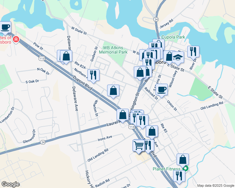 map of restaurants, bars, coffee shops, grocery stores, and more near 28479 Dupont Boulevard in Millsboro