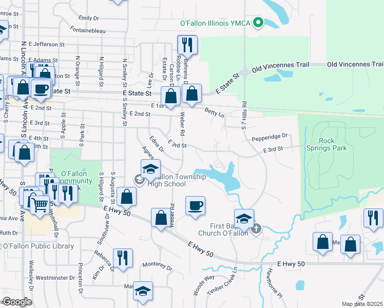 map of restaurants, bars, coffee shops, grocery stores, and more near 213 Lakewood Court in O'Fallon