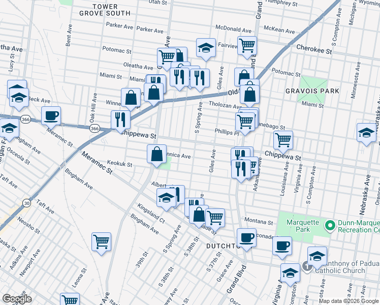 map of restaurants, bars, coffee shops, grocery stores, and more near 3754 Dunnica Avenue in St. Louis