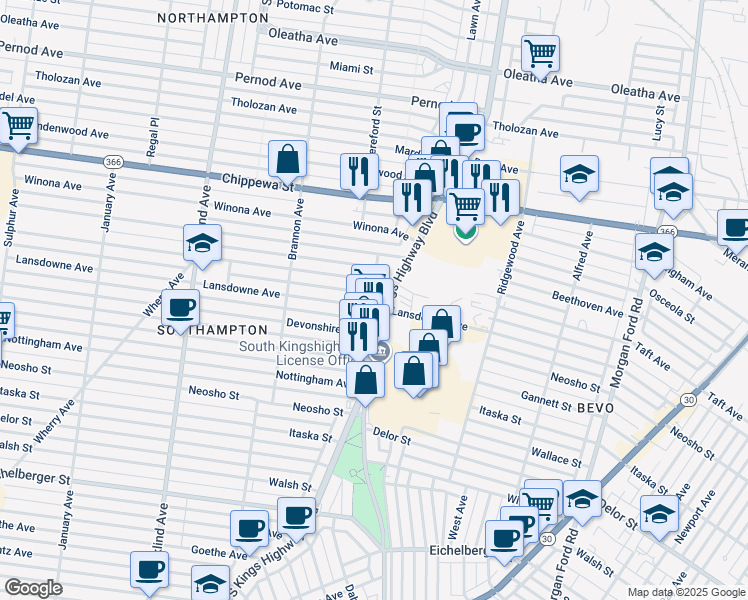 map of restaurants, bars, coffee shops, grocery stores, and more near in St. Louis