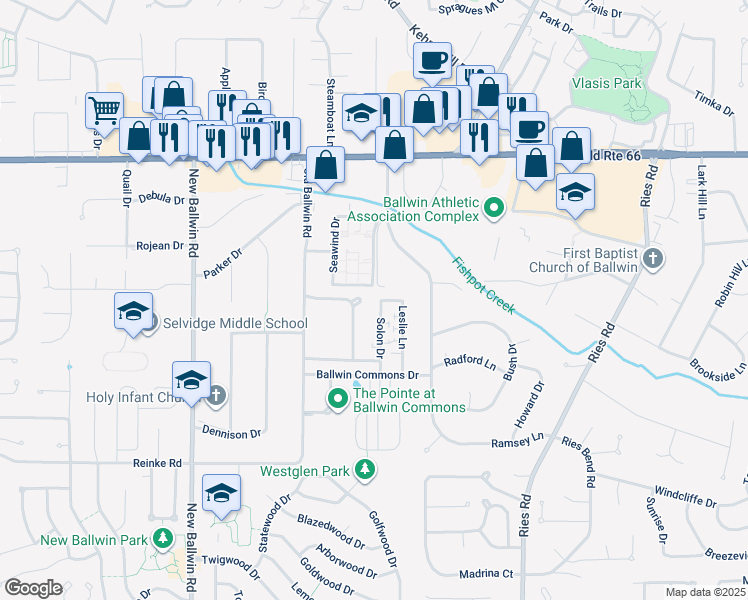 map of restaurants, bars, coffee shops, grocery stores, and more near 228 Saint Marys Drive in Ballwin