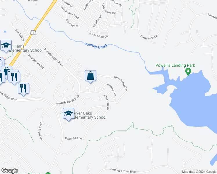 map of restaurants, bars, coffee shops, grocery stores, and more near 16760 Sweeney Lane in Woodbridge