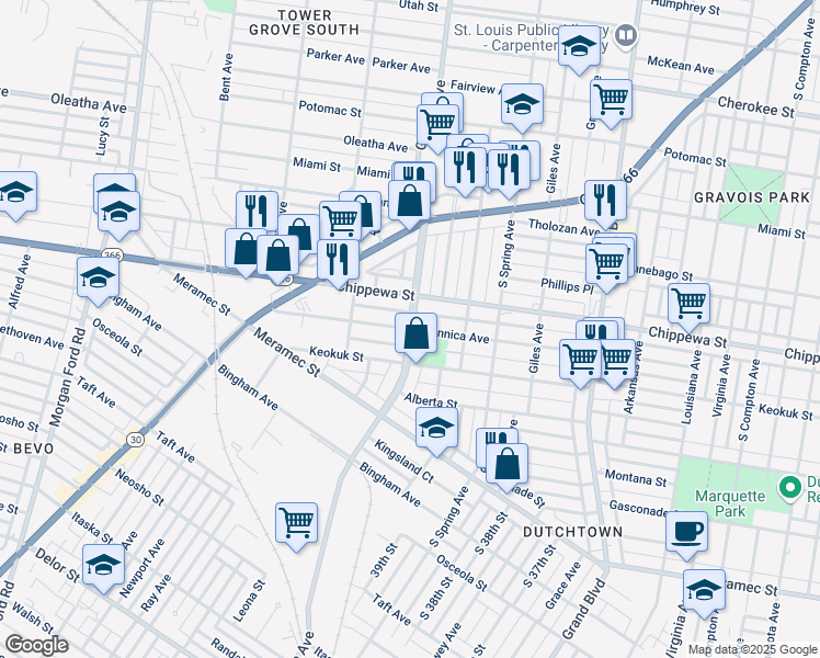 map of restaurants, bars, coffee shops, grocery stores, and more near Gustine Ave & Dunnica Ave in St. Louis