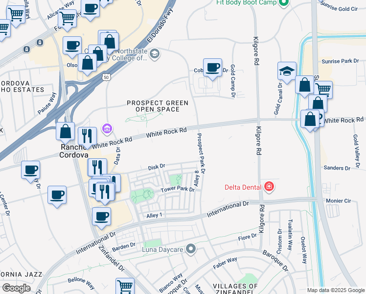 map of restaurants, bars, coffee shops, grocery stores, and more near 11000 White Rock Road in Rancho Cordova