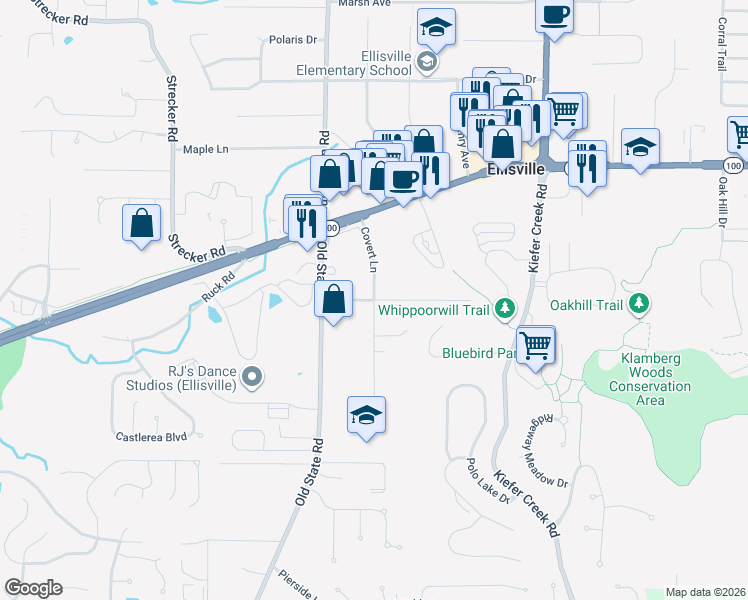 map of restaurants, bars, coffee shops, grocery stores, and more near Macklin Drive in Ellisville