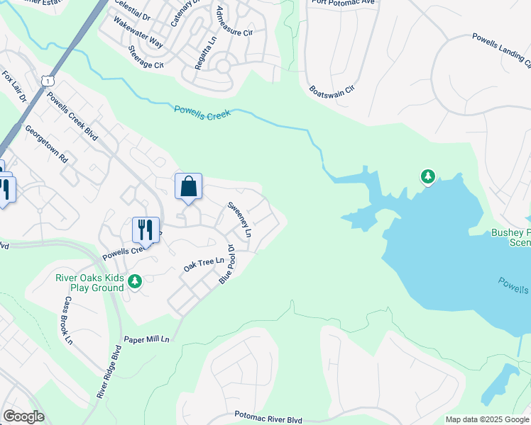 map of restaurants, bars, coffee shops, grocery stores, and more near 16502 Bobster Court in Woodbridge