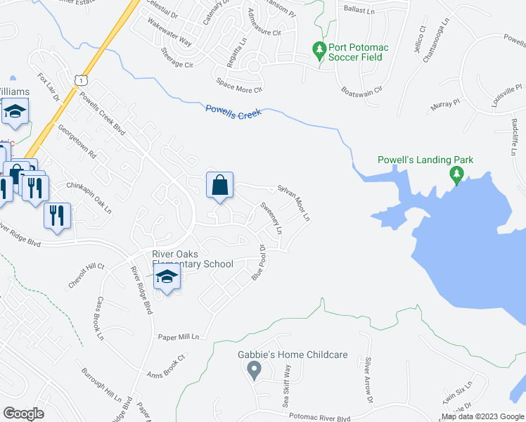 map of restaurants, bars, coffee shops, grocery stores, and more near 16758 Sweeney Lane in Woodbridge