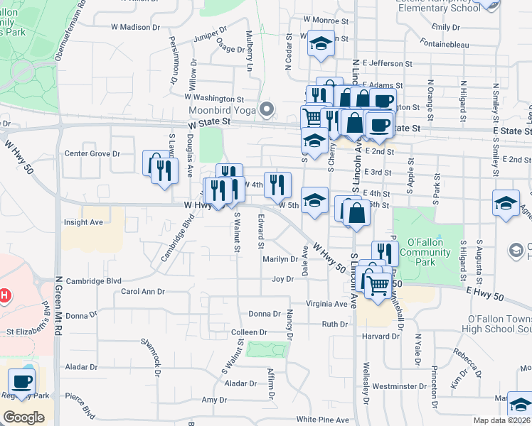 map of restaurants, bars, coffee shops, grocery stores, and more near 108 Anne Avenue in O'Fallon