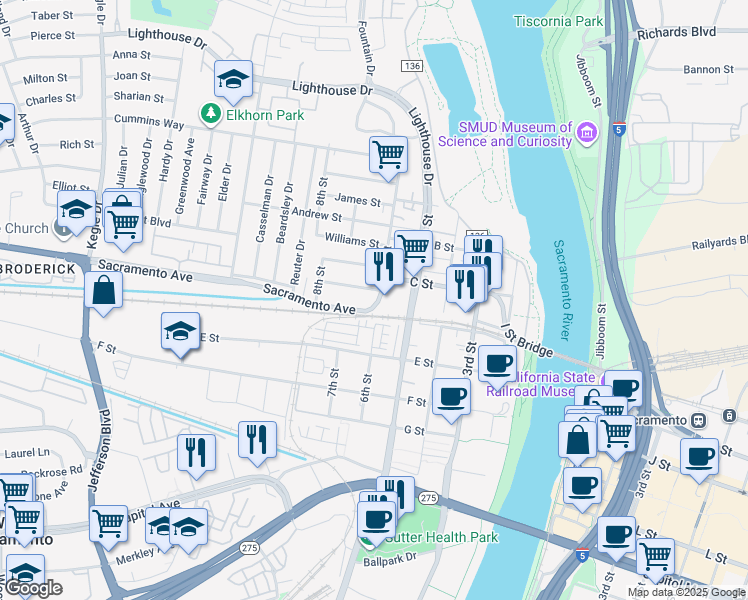 map of restaurants, bars, coffee shops, grocery stores, and more near 414 6th Street in West Sacramento