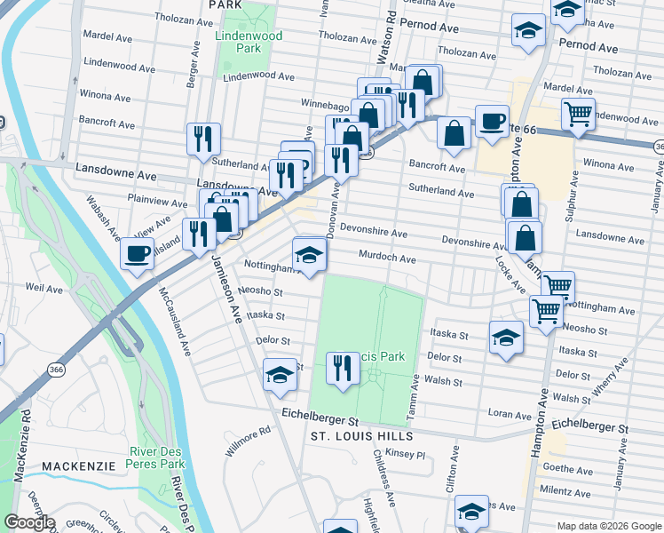 map of restaurants, bars, coffee shops, grocery stores, and more near 6459 Nottingham Avenue in St. Louis