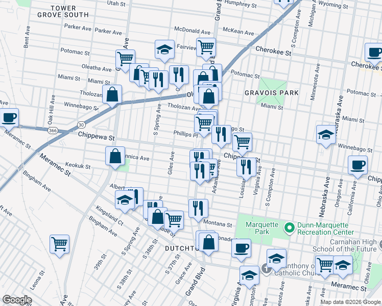 map of restaurants, bars, coffee shops, grocery stores, and more near 3620 Chippewa Street in St. Louis