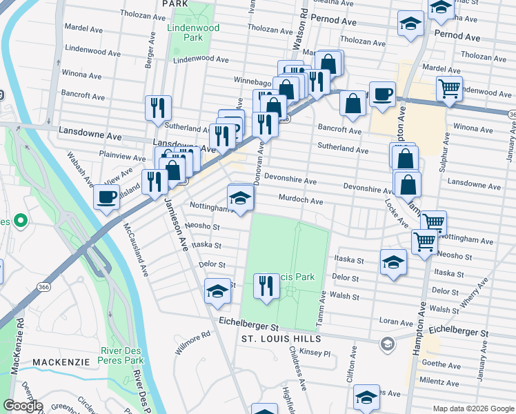 map of restaurants, bars, coffee shops, grocery stores, and more near 6475 Nottingham Avenue in St. Louis