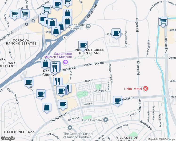map of restaurants, bars, coffee shops, grocery stores, and more near 10929 Disk Drive in Rancho Cordova