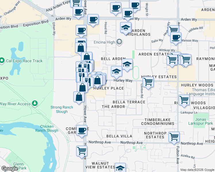 map of restaurants, bars, coffee shops, grocery stores, and more near in Sacramento