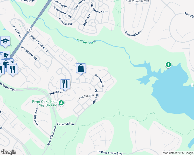 map of restaurants, bars, coffee shops, grocery stores, and more near 16758 Sweeney Lane in Woodbridge