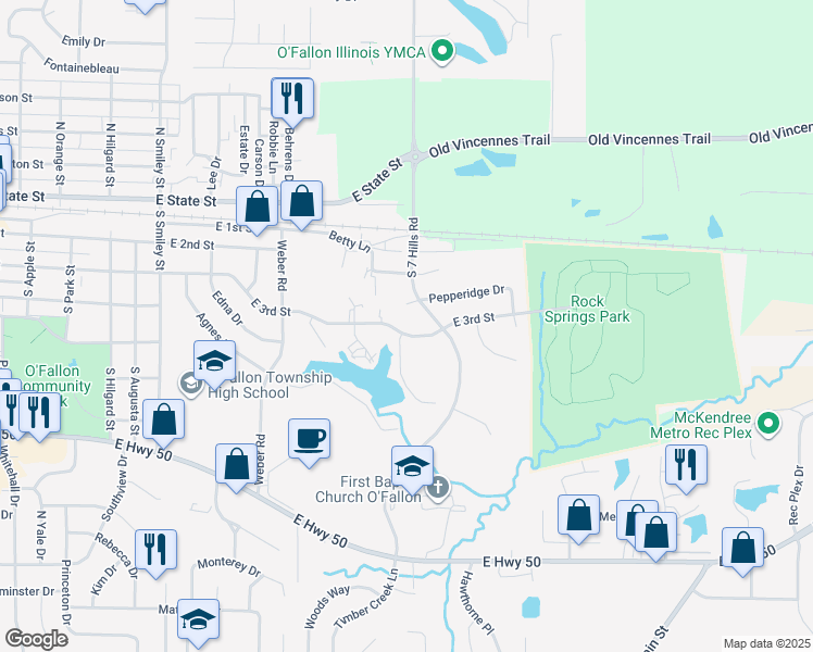 map of restaurants, bars, coffee shops, grocery stores, and more near 1113 East 3rd Street in O'Fallon