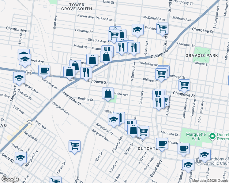 map of restaurants, bars, coffee shops, grocery stores, and more near 3810 Dunnica Avenue in St. Louis