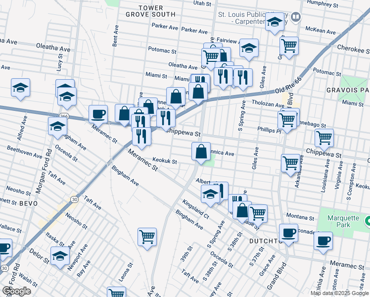 map of restaurants, bars, coffee shops, grocery stores, and more near 3939 Keokuk Street in St. Louis
