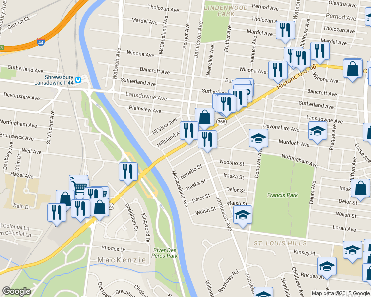 map of restaurants, bars, coffee shops, grocery stores, and more near 6747 Devonshire Avenue in St. Louis