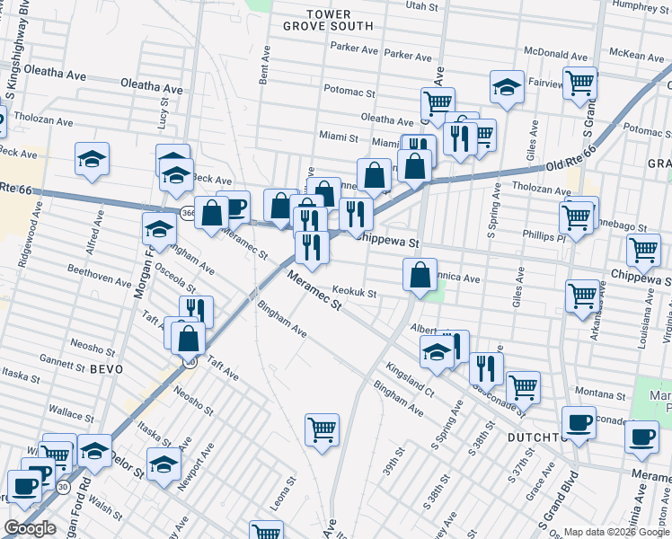 map of restaurants, bars, coffee shops, grocery stores, and more near 4013 Keokuk Street in St. Louis