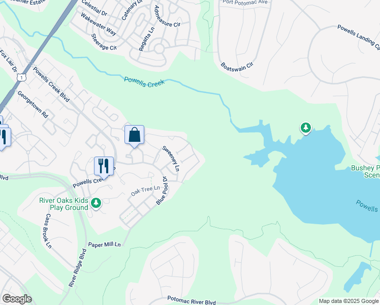 map of restaurants, bars, coffee shops, grocery stores, and more near 16502 Bobster Court in Woodbridge