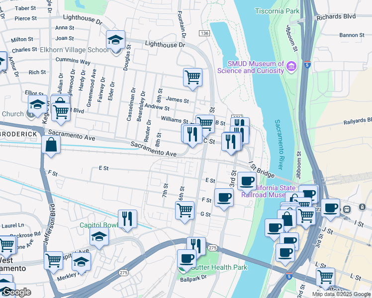 map of restaurants, bars, coffee shops, grocery stores, and more near 316 6th Street in West Sacramento