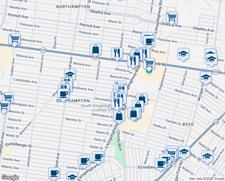 map of restaurants, bars, coffee shops, grocery stores, and more near 4933 Devonshire Avenue in St. Louis