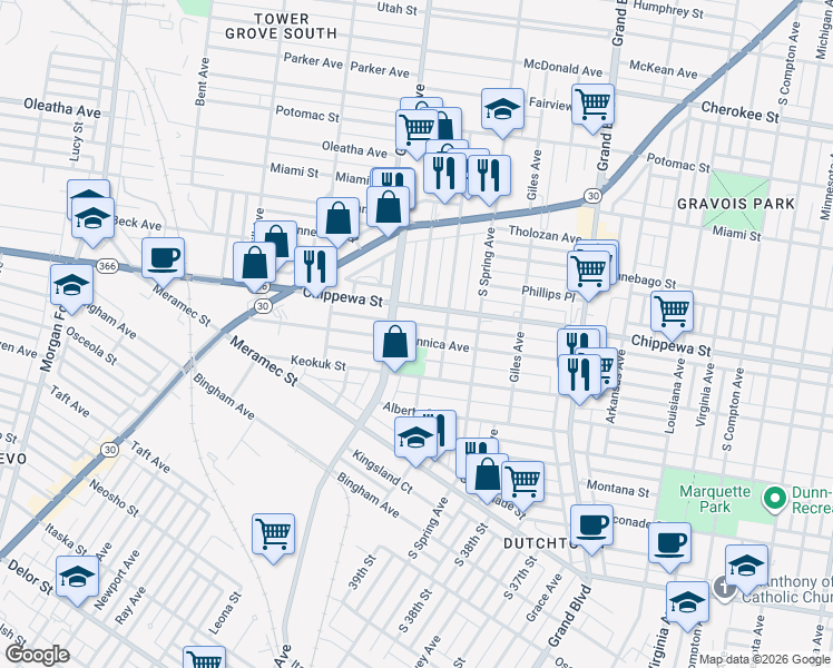 map of restaurants, bars, coffee shops, grocery stores, and more near 3810 Dunnica Avenue in St. Louis