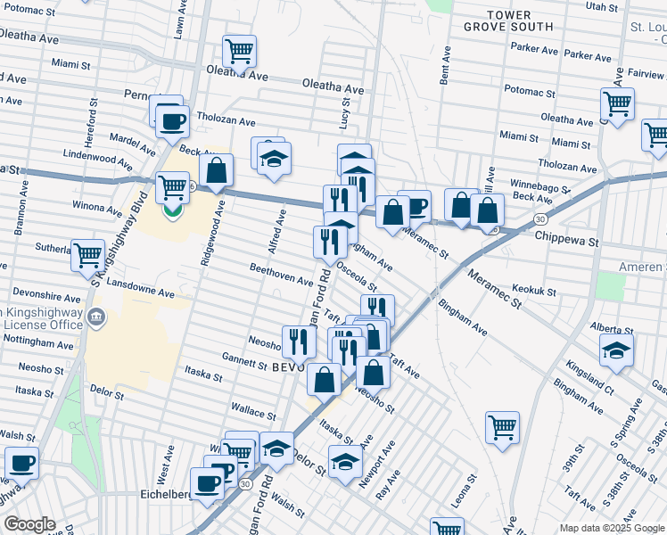 map of restaurants, bars, coffee shops, grocery stores, and more near 4233 Beethoven Avenue in St. Louis