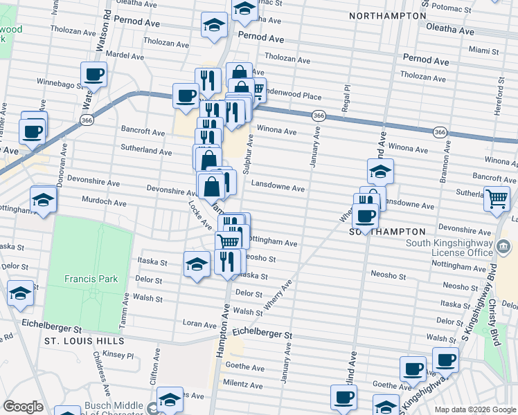 map of restaurants, bars, coffee shops, grocery stores, and more near 5724 Lansdowne Avenue in St. Louis