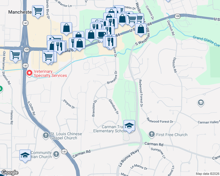 map of restaurants, bars, coffee shops, grocery stores, and more near 1210 Wicklow Road in Ballwin