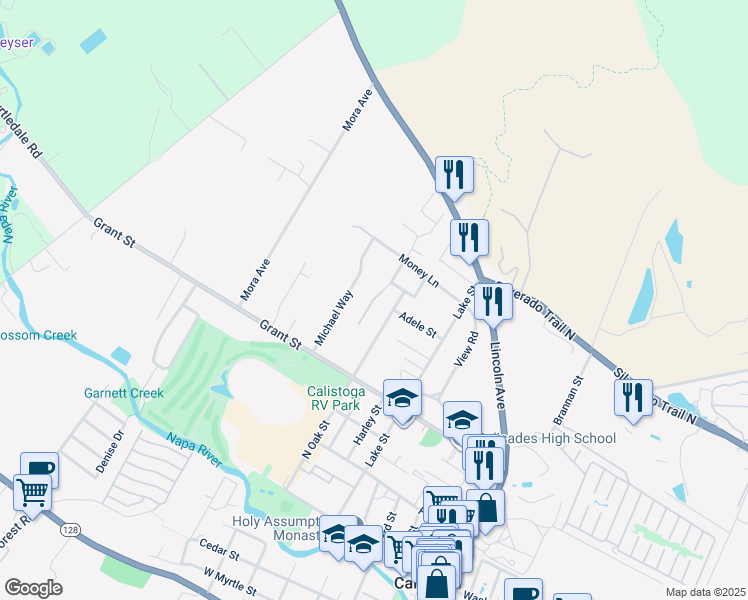 map of restaurants, bars, coffee shops, grocery stores, and more near 1769 Emerald Drive in Calistoga