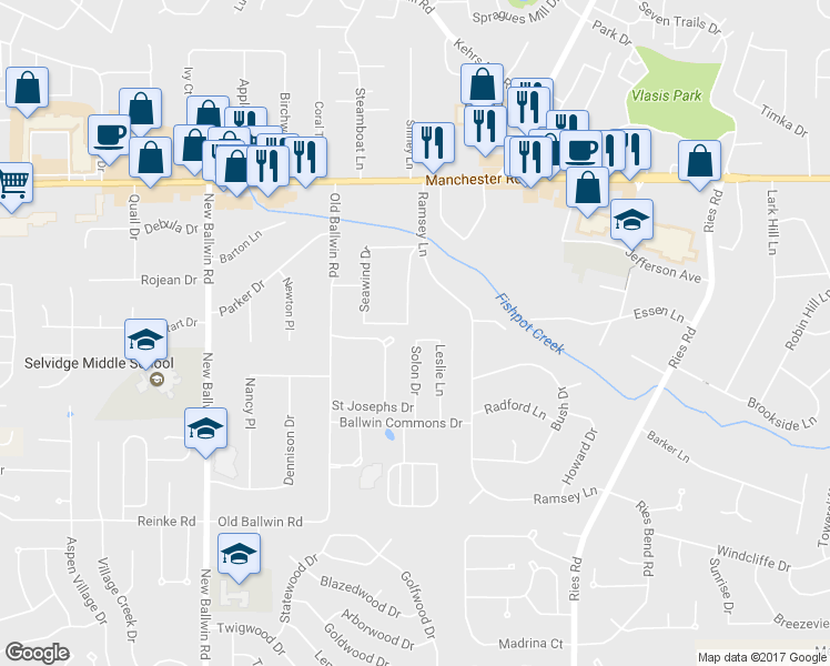 map of restaurants, bars, coffee shops, grocery stores, and more near 221 Solon Drive in Ballwin