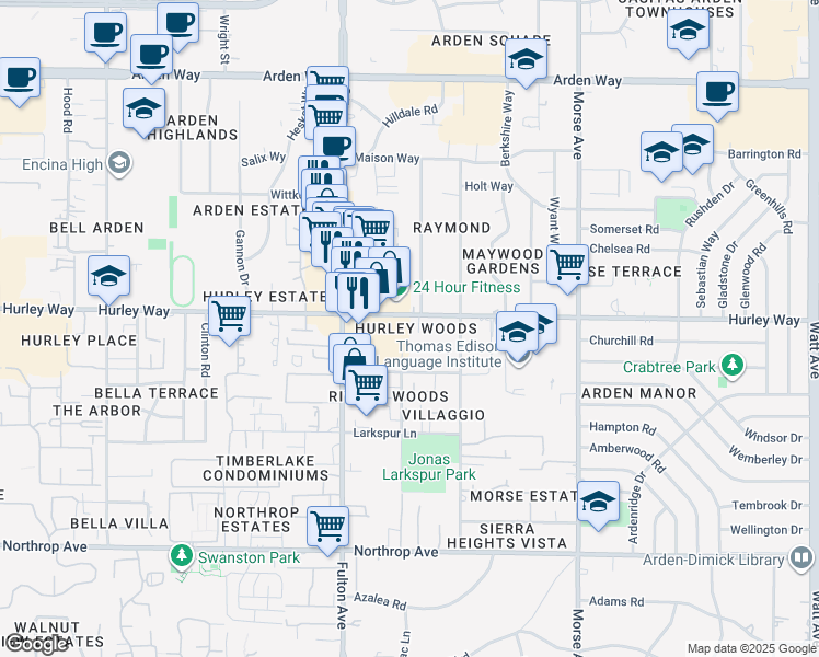 map of restaurants, bars, coffee shops, grocery stores, and more near 1304 Fulton Avenue in Sacramento