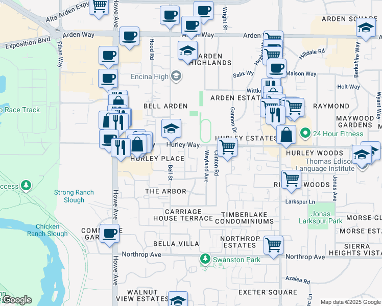 map of restaurants, bars, coffee shops, grocery stores, and more near in Sacramento