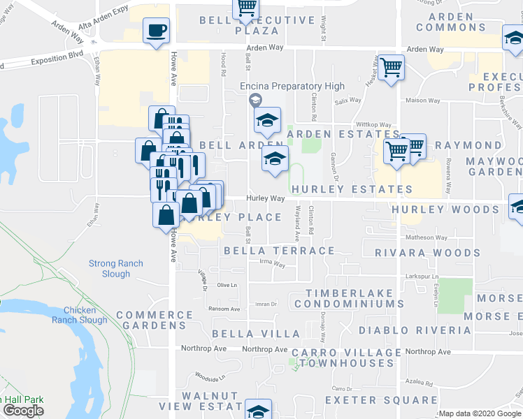 map of restaurants, bars, coffee shops, grocery stores, and more near 2306 Hurley Way in Sacramento