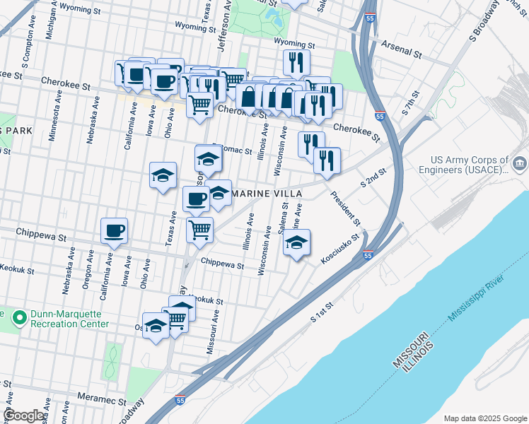 map of restaurants, bars, coffee shops, grocery stores, and more near in St. Louis
