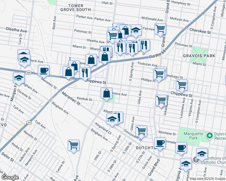 map of restaurants, bars, coffee shops, grocery stores, and more near 3820 Chippewa Street in St. Louis