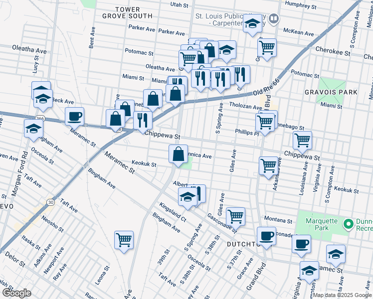 map of restaurants, bars, coffee shops, grocery stores, and more near 3820 Chippewa Street in St. Louis