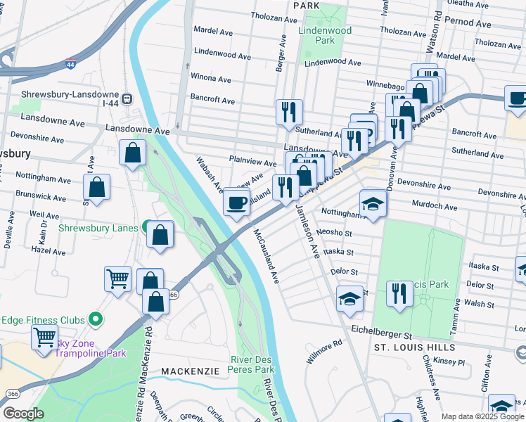 map of restaurants, bars, coffee shops, grocery stores, and more near 6932 Hillsland Avenue in St. Louis