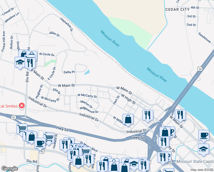 map of restaurants, bars, coffee shops, grocery stores, and more near 1324 West Main Street in Jefferson City