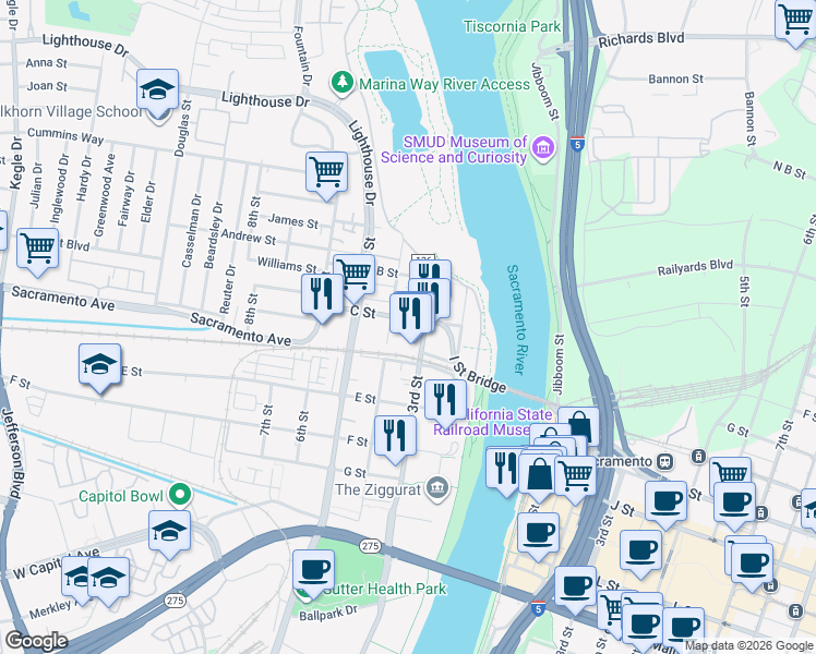 map of restaurants, bars, coffee shops, grocery stores, and more near 345 Metro Lane in West Sacramento