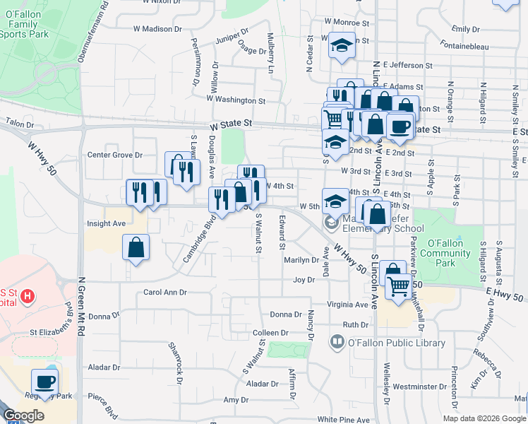map of restaurants, bars, coffee shops, grocery stores, and more near 422 West Highway 50 in O'Fallon