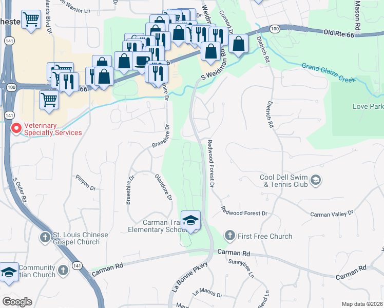 map of restaurants, bars, coffee shops, grocery stores, and more near 372 Point Return Drive in Ballwin