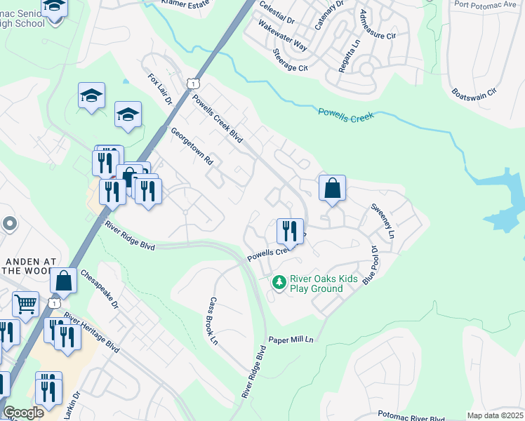 map of restaurants, bars, coffee shops, grocery stores, and more near 16833 Jed Forest Lane in Woodbridge