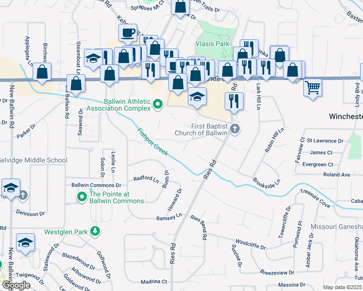map of restaurants, bars, coffee shops, grocery stores, and more near 422 Essen Lane in Ballwin