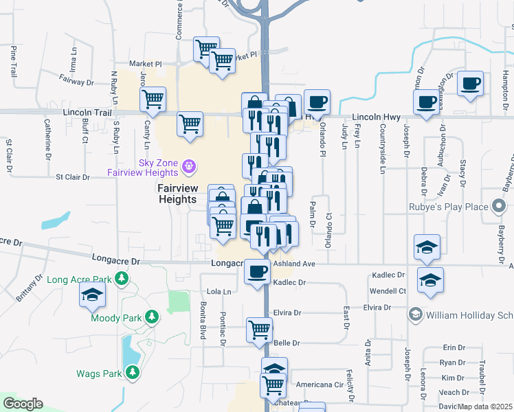 map of restaurants, bars, coffee shops, grocery stores, and more near 6157-6211 North Illinois Street in Fairview Heights